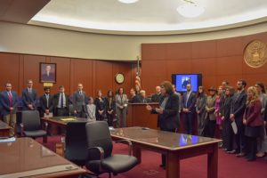 United States District Judge Mae A. D’Agostino, who directed the Russo trial reenactment, addresses the crowd with the cast in the background